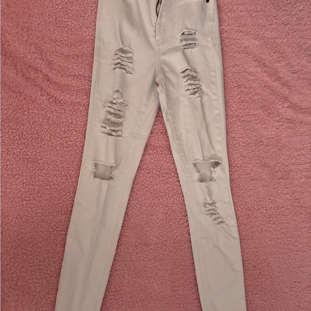 Fashion Nova Distressed Cream Skinny Jeans